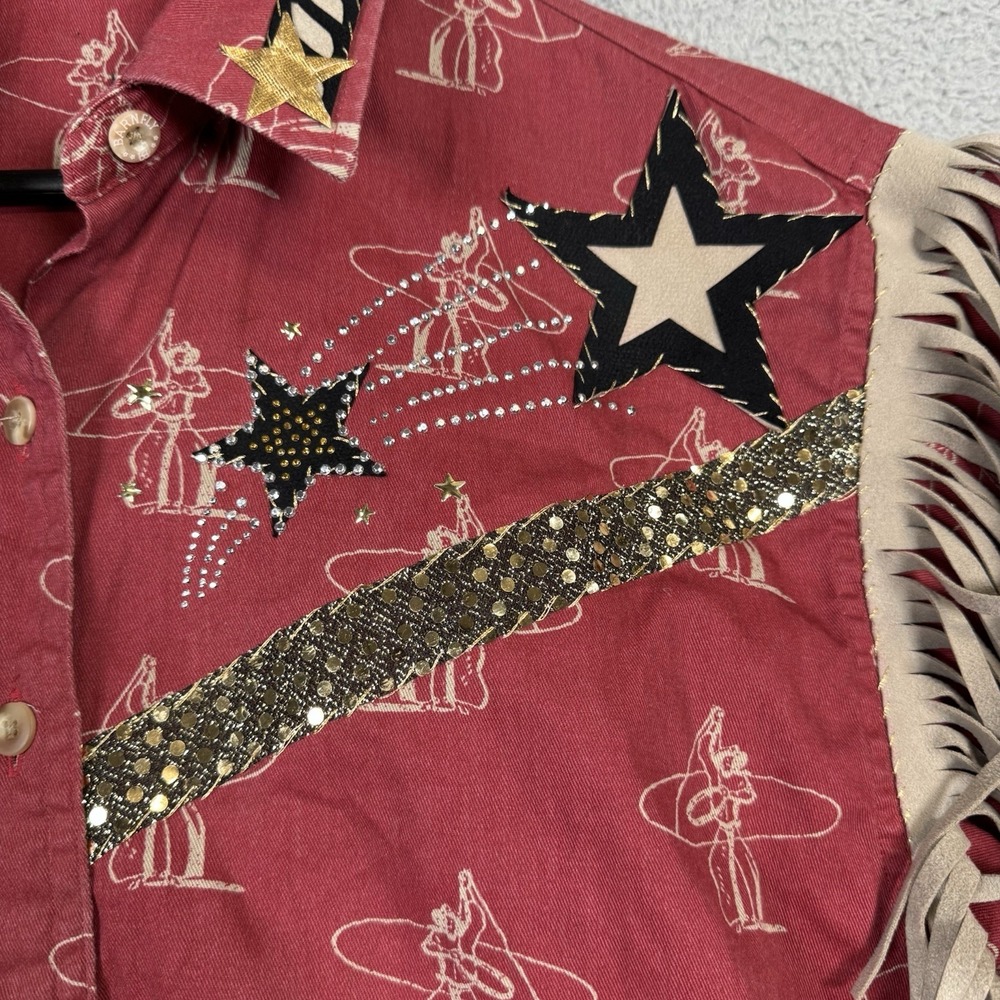 Barn Fly Shirt Womens Medium Western Rodeo Fringe Rockabilly Hand Made Art AOP - Picture 3 of 16